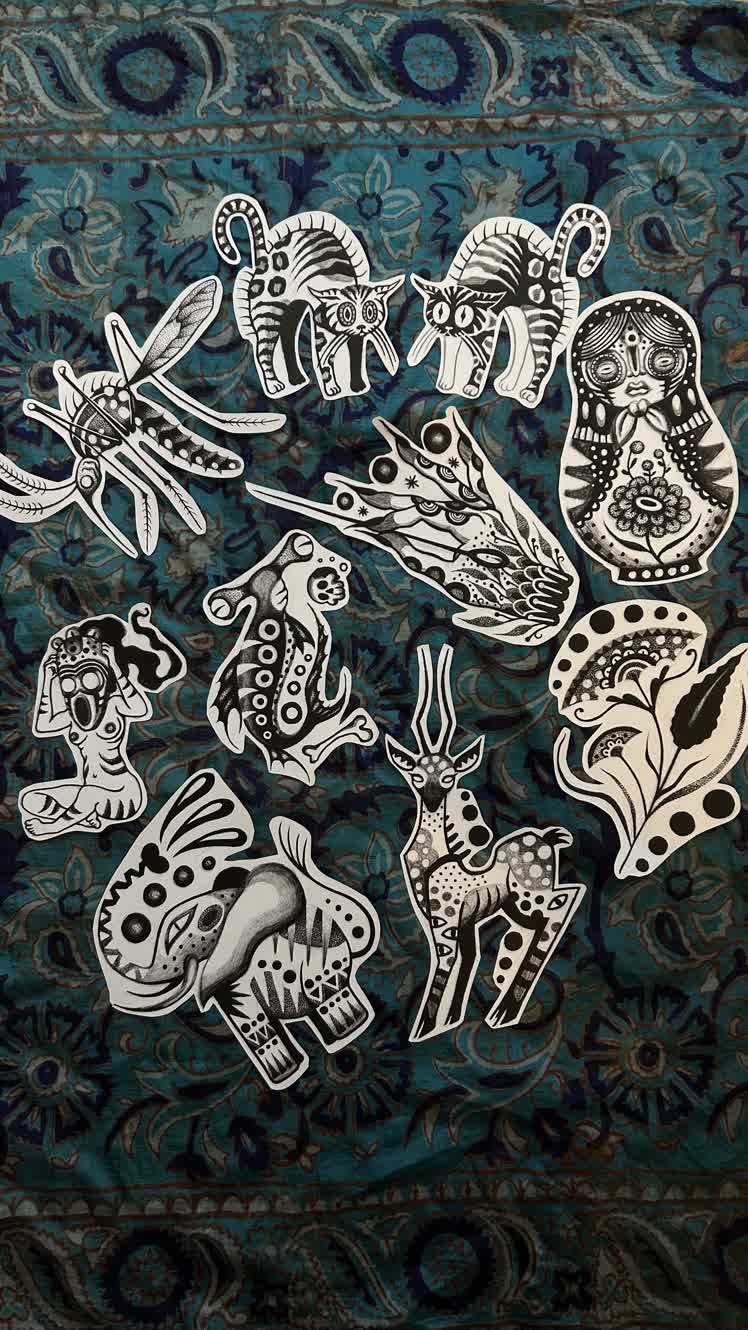 Folk animals and nature flash tattoo