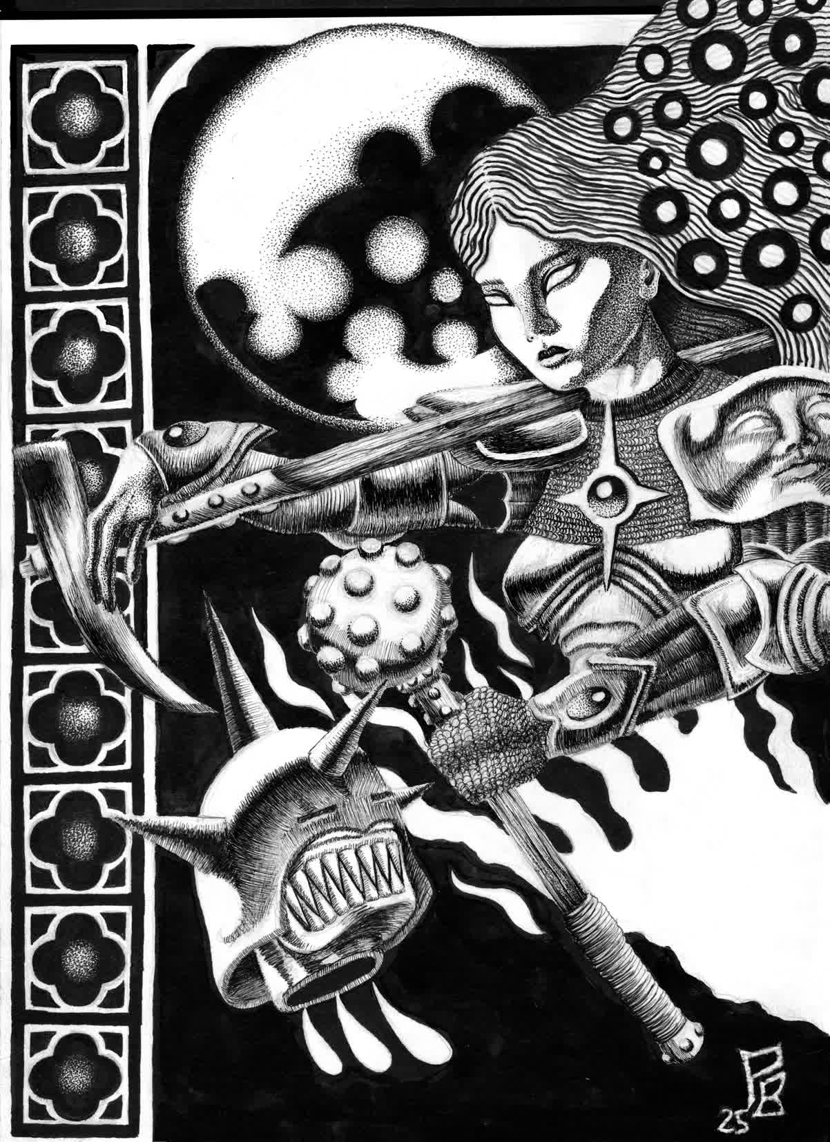 Medieval fantastic illustration, noir et blanc par Pheiloé Busido