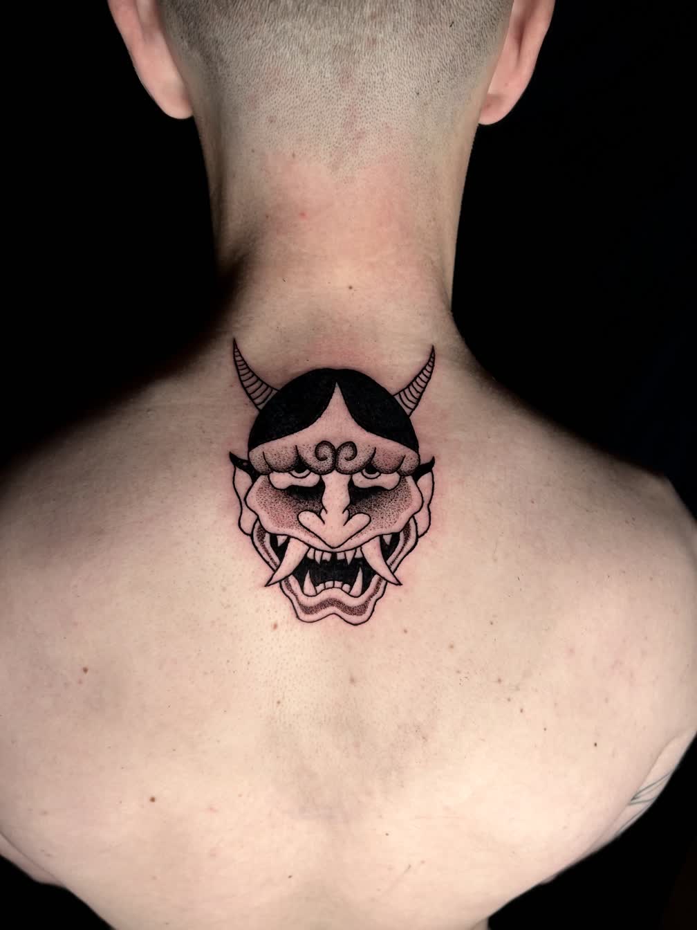 Masque oni neck tattoo dotwork